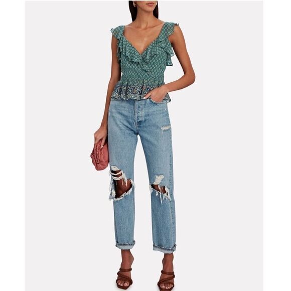 New Veronica Beard Randa Paisley Ruffle Trim Peplum Top Green Size 8 Silk - Picture 14 of 14